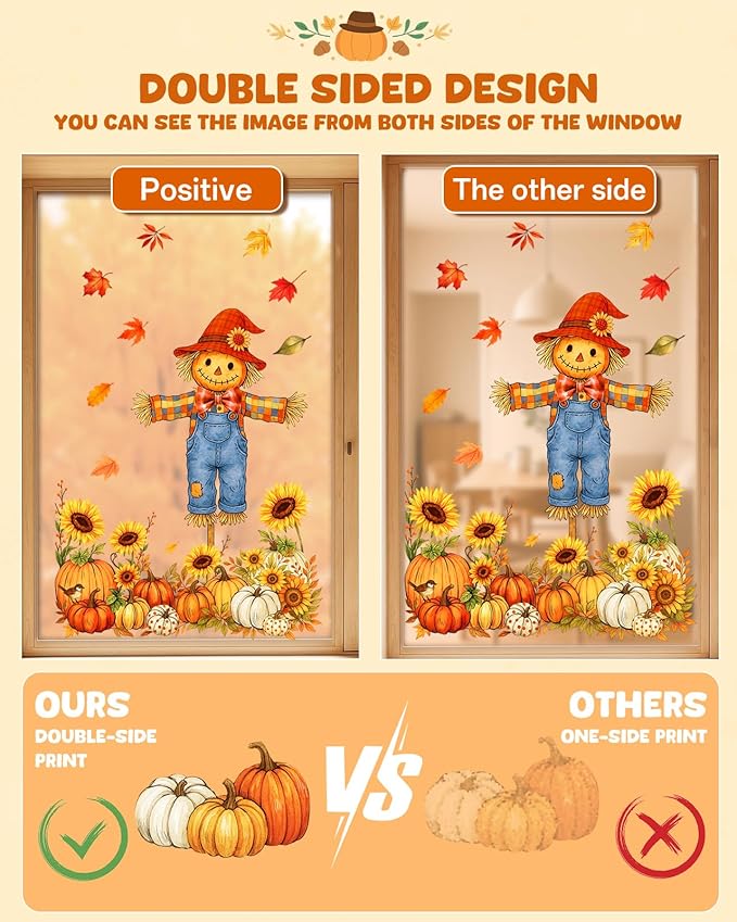 Fall Window Clings - 9 Sheets 116 Pcs Fall Decorations for Autumn Thanksgiving Harvest Home Party, Pumpkin Leaves Truck Maple Sunflowers Stickers for Glass, Double-Sided Static Window Decals-Ruum Studio Home