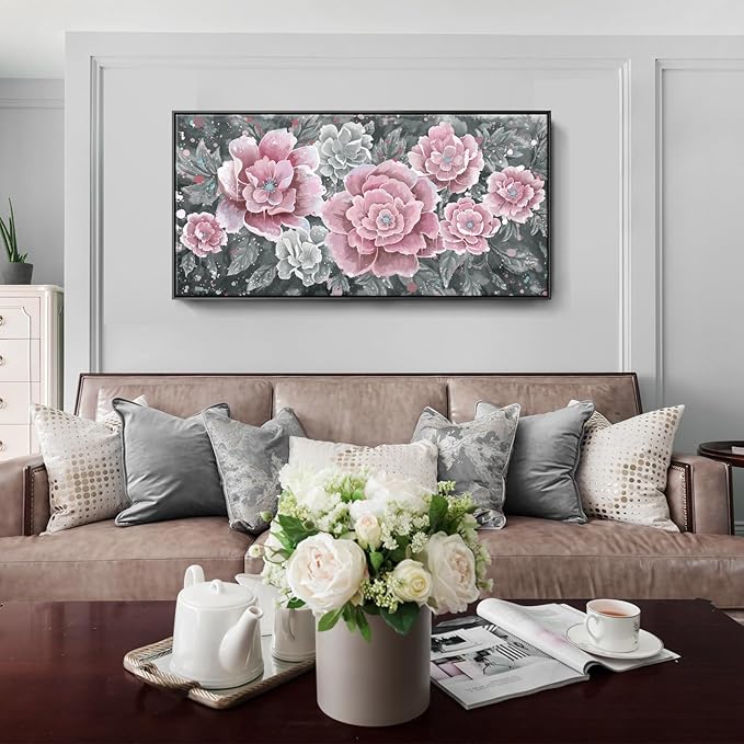 Large Pink Wall Art for Living Room- Pink and Black Peony Floral Canvas Wall Art Modern Framed Moody Black and White Wall Picture Flower Artwork Decor for Bedroom Dining Room Office 48x24-Ruum Studio Home