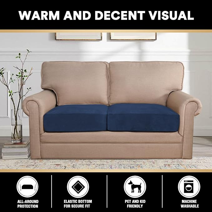 PrinceDeco Velvet Couch Cushion Cover Soft Stretch Cushion Slipcover for Chair Loveseat Sofa Cushion Furniture Protector Seat Cushion Sofa Cover (2 Piece Large Sofa Cushion Covers, Navy)-Ruum Studio Home
