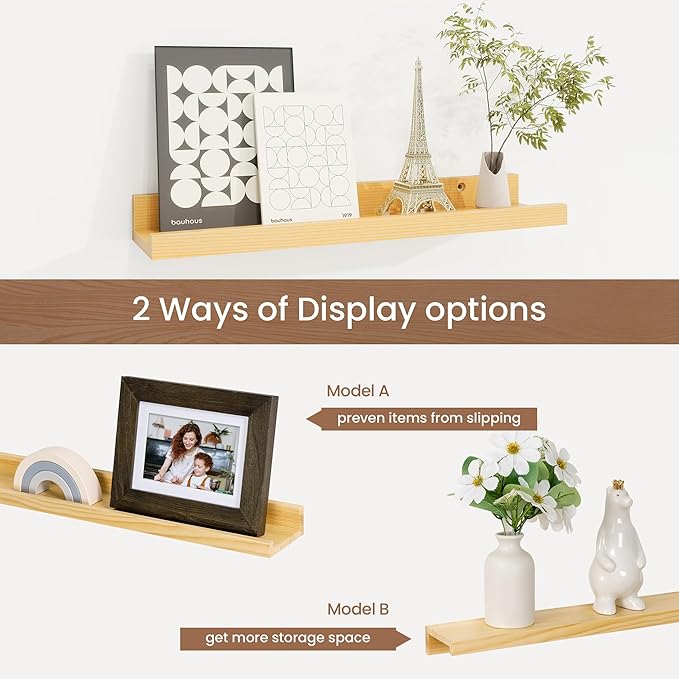 Picture Ledge Shelf, Solid Pine Wood Floating Shelves Set of 4, 16 Inches Nursery Book Shelves for Toys Storage, Kids Bookshelf Wall Mounted for Living Room Decor Photo Frames, Natural-Ruum Studio Home