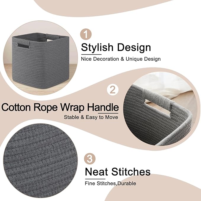 OIAHOMY Storage Cubes 11 Inch Storage Bins-3 Pack, Cotton Rope Woven Baskets for Organizing, Square Baskets for Shelves Organizer, Classroom, Toy Basket, DarK Grey-Ruum Studio Home
