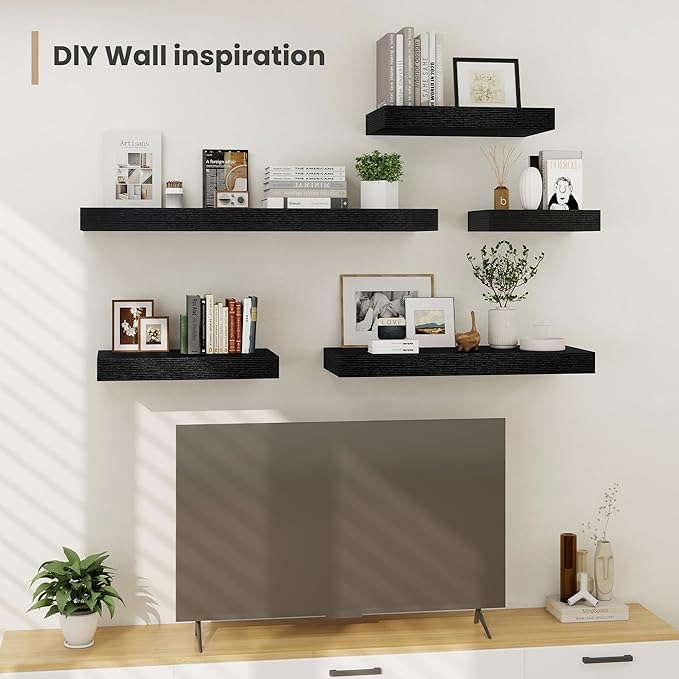 Heimlove 12 Inch Deep Floating Shelves, 16 x 12 inches Long Wall Shelf, Large Extra Display Shelf & Storage Shelf, Rustic Wood Wall Shelves for Fireplace Mantel, Black - 2Pack-Ruum Studio Home