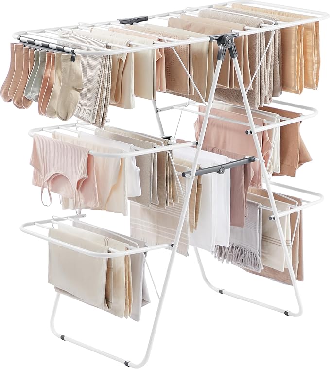 SONGMICS Clothes Drying Rack, Foldable 3-Level Laundry Rack, Free-Standing Large Drying Rack, with Height-Adjustable Wings, 39 Drying Rails, Sock Clips, White and Gray ULLR054W01-Ruum Studio Home