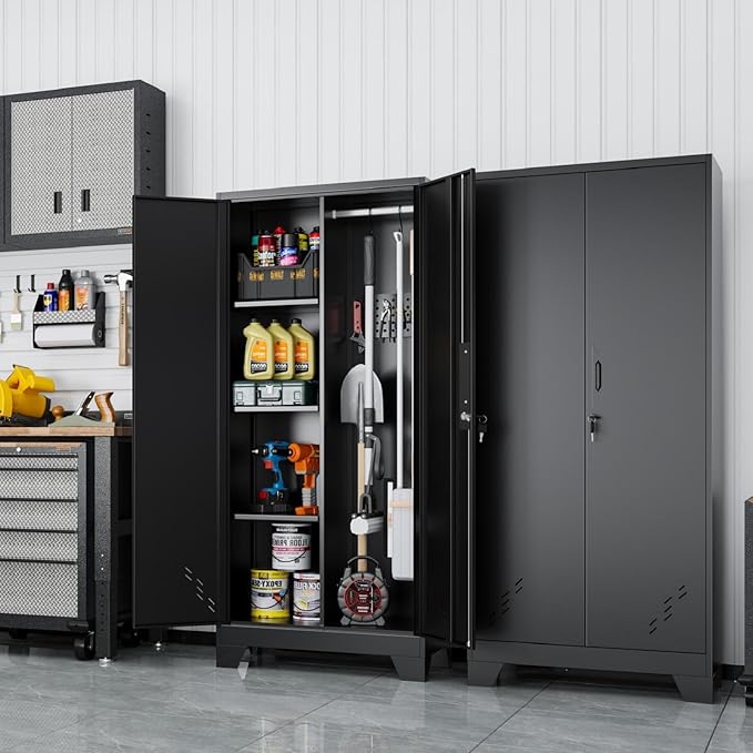 61" H Metal Storage Cabinet, Utility Cabinets with Locking Doors, Laundry Cabinet with Hanging Rod, Garage Tool Storage Cabinets for Home Office, Garage, Bathroom (Black)-Ruum Studio Home