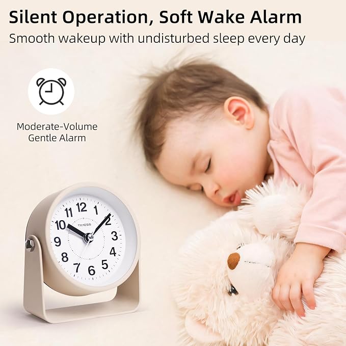 Analog Alarm Clock, Silent Non-Ticking Quartz Movement, Battery-Operated with Snooze & On-Demand Light, Easy to Set Gentle Wake Bedside Desk Clock, Ideal for Home, Travel, Office (Yellow)-Ruum Studio Home