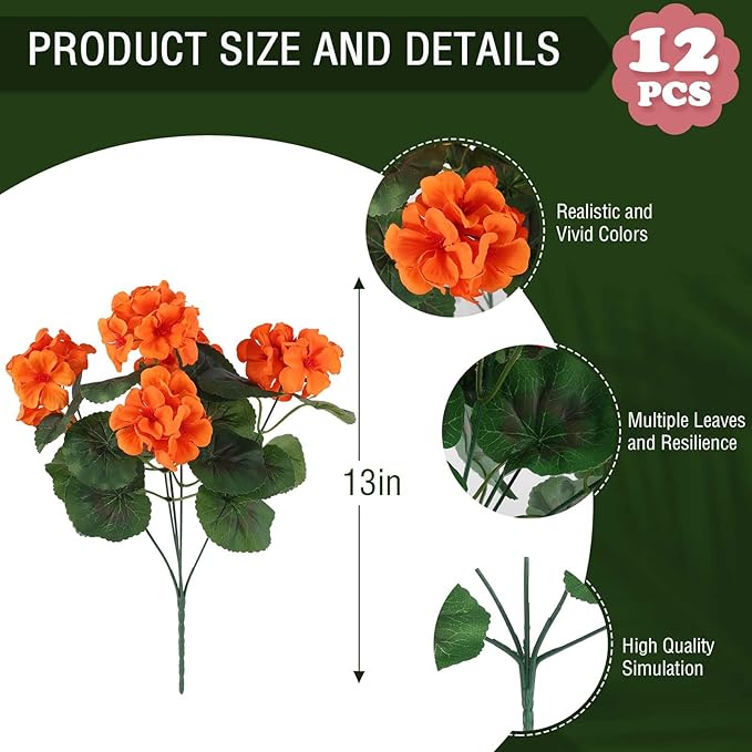 Hananona 12 Pcs Artificial Geranium Flowers for Outdoors Orange Silk Geranium Flowers Outdoor UV Resistant Plants Faux Fall Flower for Home Kitchen Autumn Table Centerpieces Decor (12, Orange)-Ruum Studio Home