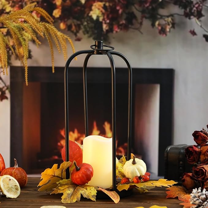 Fall Decor Lanterns Outdoor, 14" Waterproof Decorative Lantern Indoor Decor Metal Hanging Candle Holder LED Flameless Candle Lantern for Patio, Porch, 2 Packs-Ruum Studio Home