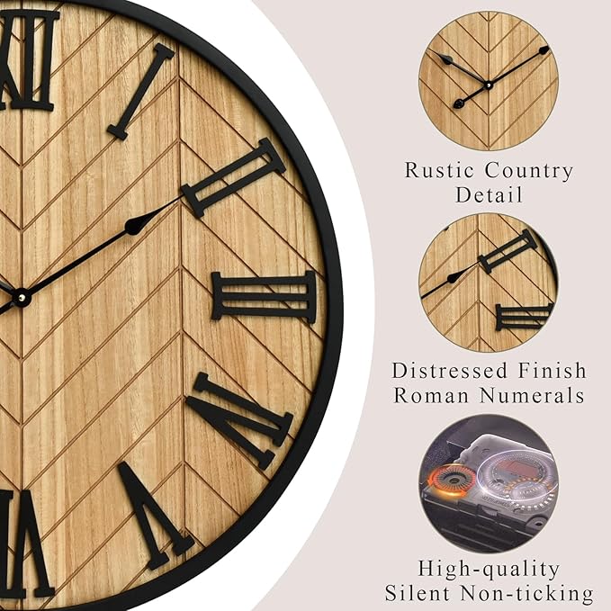 30 Inch Large Wall Clock Farmhouse Style - Brown Silent Non-Ticking Rustic Decor for Living Room, Kitchen, Bedroom-Ruum Studio Home