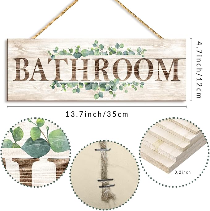 Bathroom Sign Wall Decor, Bathroom Wall Art with Plant Print, Rustic Farmhouse Wall Hanging Plaque Home Kitchen Decorative Bathroom, 4.7 x 13.7 inches-Ruum Studio Home