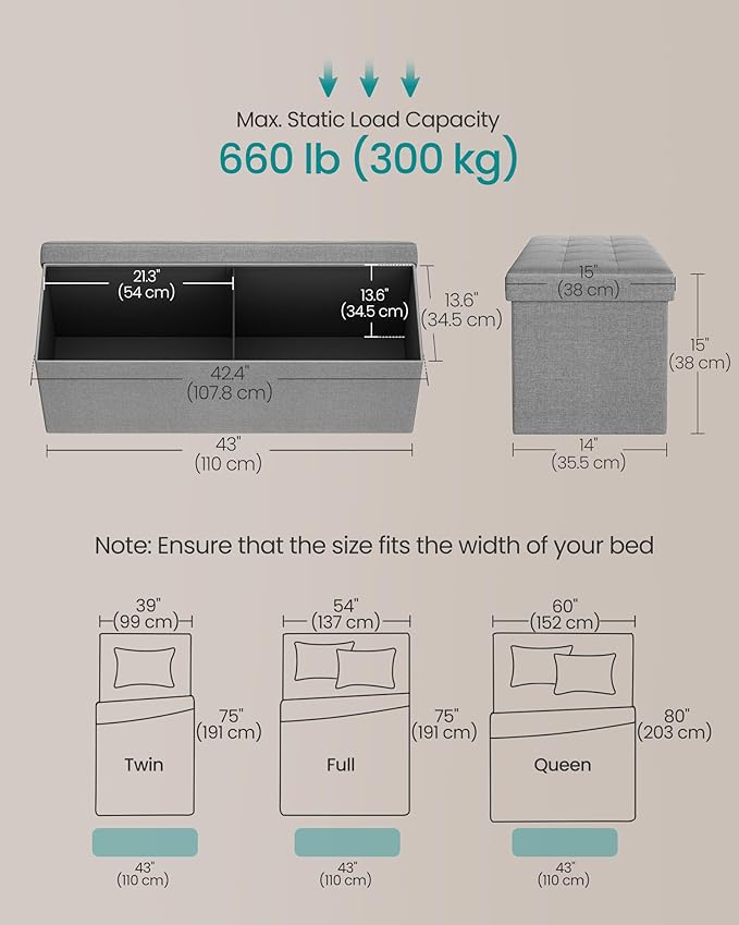 SONGMICS MAZIE Collection - 43 Inches Folding Storage Ottoman Bench, Ottoman Foot Rest, End of Bed Bench, Storage Chest, Load 660 lb, for Living Room, Bedroom, Entryway, Light Gray ULSF77G-Ruum Studio Home