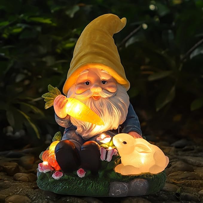 Solar Garden Outdoor Statues Gnome Feeding Rabbit with 6 LED Solar Figurine for Lawn,Patio,Balcony,Yard Decor Unique Housewarming Gift, for Grandfather, Father,Grandma-Ruum Studio Home