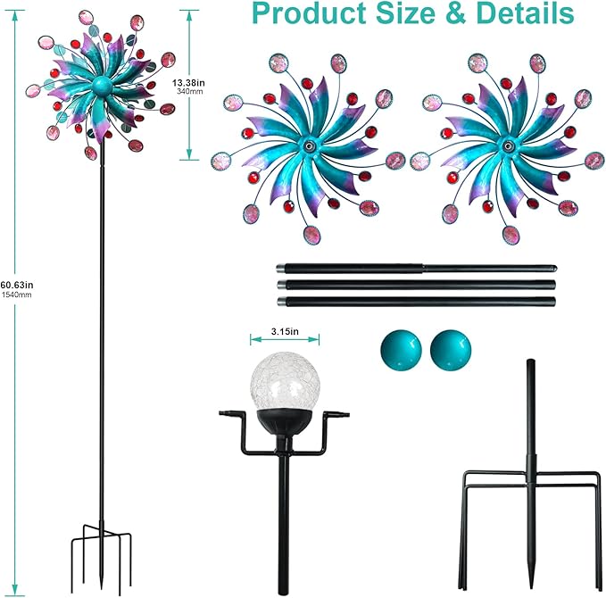 Solar Wind Spinners for Yard and Garden-60.6 Inch 360° Metal Wind Sculptures Outdoor Clearance Kinetic Windmills with Multi Color Led Glass Ball-Ruum Studio Home