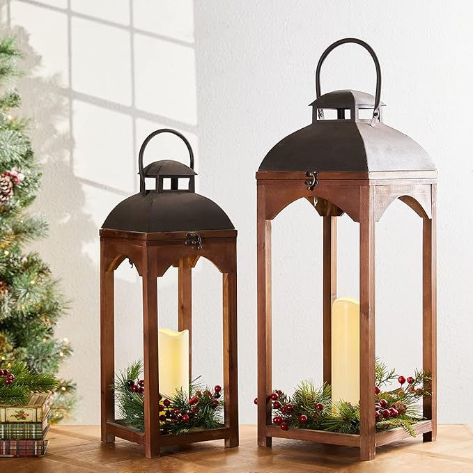 Glitzhome Set of 2 Mondern Farmhouse Wooden Lantern Hanging Decorative Candle Lanterns for Outdoor & Indoor Brown (No Glass)-Ruum Studio Home