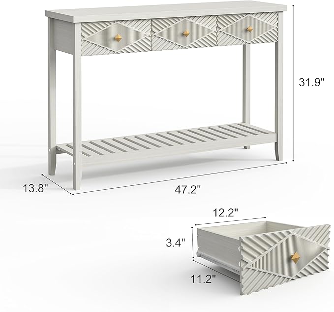 47" Fluted Console Table with 3 Drawers, Narrow Long Entryway Table with Storage Shelf, Sofa Tables for Entryway, Living Room, Behind Couch, Foyer, Hallway, Office (Beige)-Ruum Studio Home