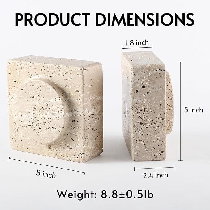 Koville Marble Square Book Ends, Heavy Duty Book Holders, Bookends for Shelves, Office Bookshelf Decor for CDs/Video Games(Travertino Romano)-Ruum Studio Home