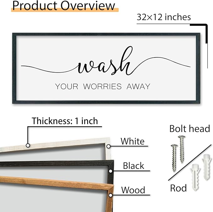 SRSZHIYUE Wash Your Worries Away Bathroom Sign Wall Art 32"×12" Funny Restroom Toilet Large Wood Framed Hanging Decor (Black)-Ruum Studio Home