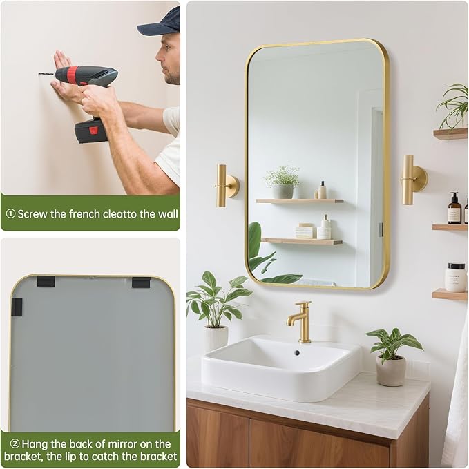 FARMER 20x28 Inch Gold Bathroom Mirror, Rectangle Vanity Mirror, Brushed Mirrors for Wall, Metal Frame Hanging Mirror with Round Corner for Bedrooms, Entryways, Living Rooms, Horizontal/Vertical-Ruum Studio Home