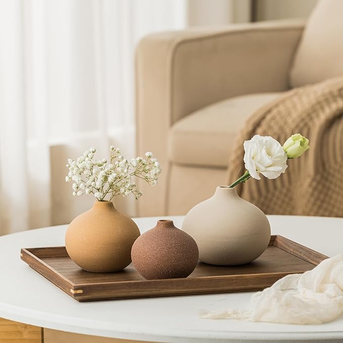 Ceramic Vase Set of 3, Bud Vases for Modern Farmhouse Home Decor, Cute Vases, Small Flower Vases for Dining Table Centerpieces,Living Room,Shelf,Mantel and Entryway Display-Ruum Studio Home