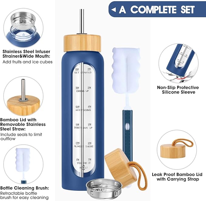 32 oz Glass Water Bottle with Straw - Motivational Time Marker & Silicone Sleeve - Reusable Tumbler Includes 2 Bamboo Lids & Fruit Infuser - 1 Pack-Ruum Studio Home