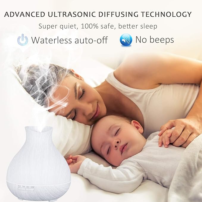 BZseed Aromatherapy Essential Oil Diffuser 550ml 12 Hours White Wood Grain Aroma Diffuser with Timer for Large Room, Home, Baby Bedroom, Waterless Auto Shut-Off, 7 Colors Lights Changing-Ruum Studio Home