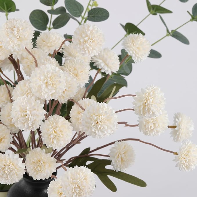 Faux White Kiku Flowers 10 Stems & 2 Eucalyptus, Fake Mums Pompon Flower Ball, Autumn Artificial Chrysanthemums Flowers for Boho Bedroom Decor, Silk Mini Faux Kiku Flower Wedding Arrangements Decor-Ruum Studio Home