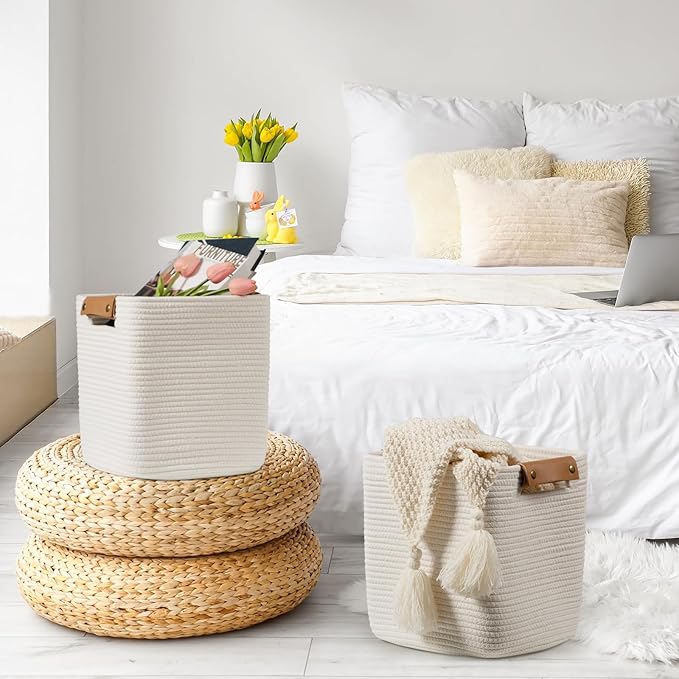 danpinera Set of 3 11 Inch Storage Baskets, Cube Storage Bins, White Woven Baskets with Stable Leather Handles, Square Cotton Rope Bins for any Room, Easy to Recover-Ruum Studio Home