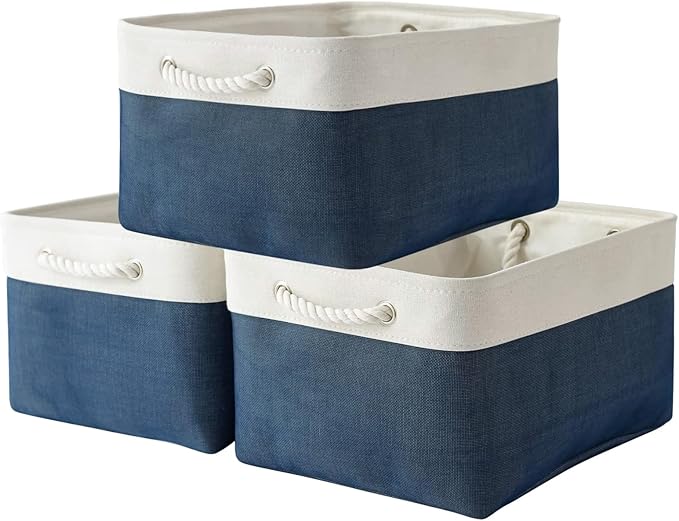 TheWarmHome Collapsible Storage Bin for Shelves - Large 3 Pack 16x12x8 inch Storage Basket for Organizing with Handles, Canves Storage Box for Organizer Toy Closet Cloth Gift (White & Jean Blue)-Ruum Studio Home