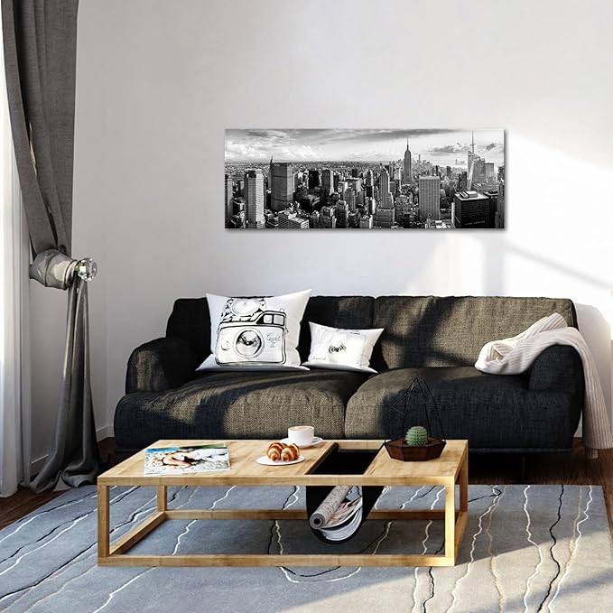 LevvArts New York Canvas Wall Art Black and White City Skyline Picture Panoramic Photo Canvas Print Modern Home Office Living Room Wall Decoration Ready to Hang 20"x55"-Ruum Studio Home