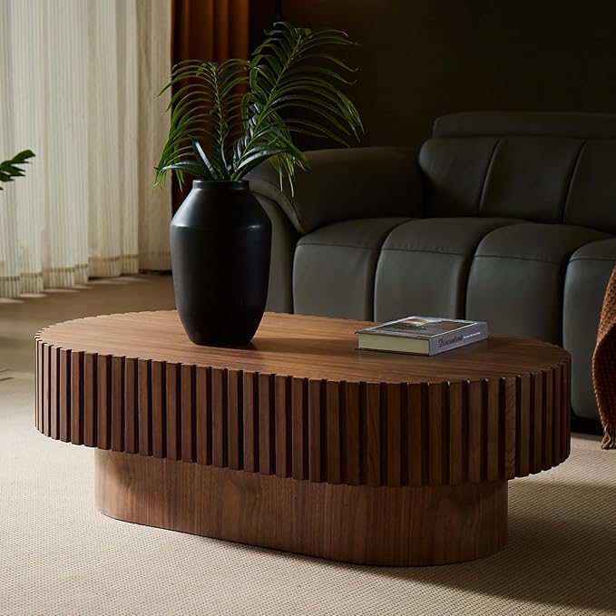 43.7" Oval Coffee Table for Living Room,Modern Handcraft Drum Coffee TableSmall Wooden Coffee Table with Sturdy Pedestal Easy Assembly for Office-Walnut-Ruum Studio Home