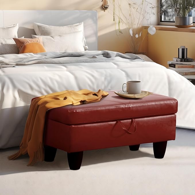 Ottoman Rectangular Storage Ottoman Bench, Faux Leather Footrest, Coffee Table, Stool Footstool with Hinged Lid for Living Room, Bedroom, Entryway, Red, 28.5"x19"x17.5"-Ruum Studio Home