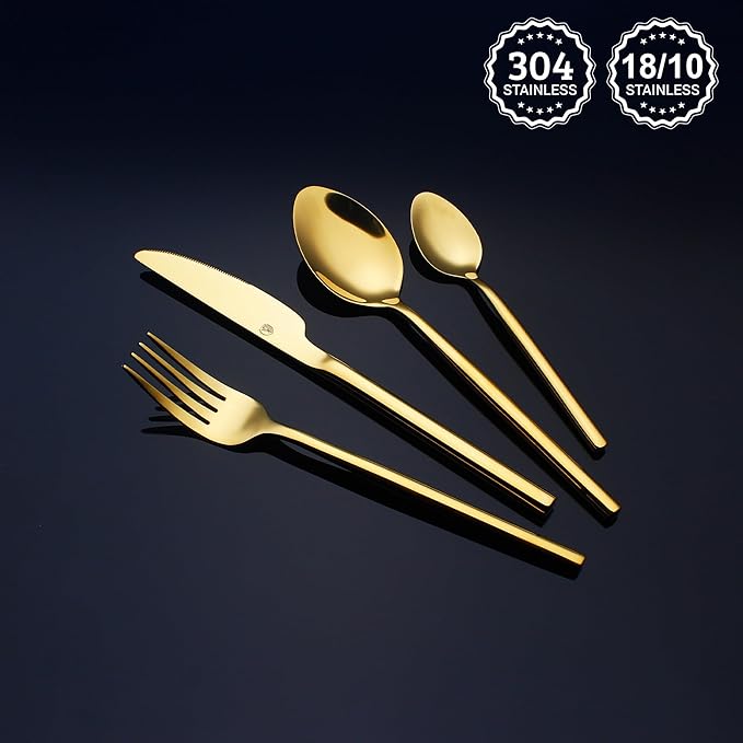 24 Piece Silverware Set For 6 Gold Heavy duty 18/10 Stainless Steel Flatware Set Modern Design Knife/Fork/Spoon Mirror Polished Dishwasher Safe Cutlery Set with Gifts-Ruum Studio Home