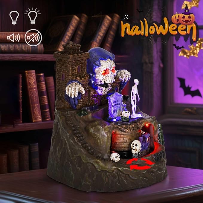 innodept12 Animated Halloween Small Village House - Moving Train and Skull Ghosts Tombstones Figurines with Pre-Lit Spooky Voice, Battery Operated, Not Including-Ruum Studio Home