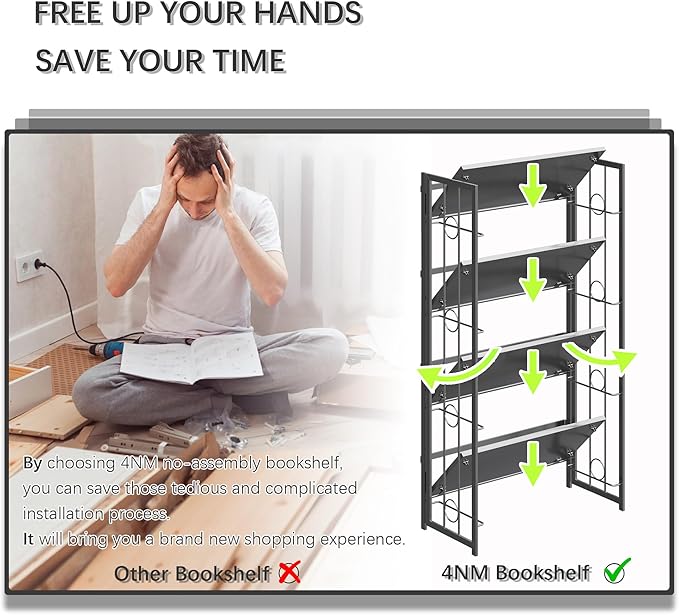 4NM No Assembly 4 Tiers Folding Bookshelf, 47.2" H Foldable Storage Shelves Vintage Bookcase Standing Racks Study Organizer Home Office - All Black-Ruum Studio Home