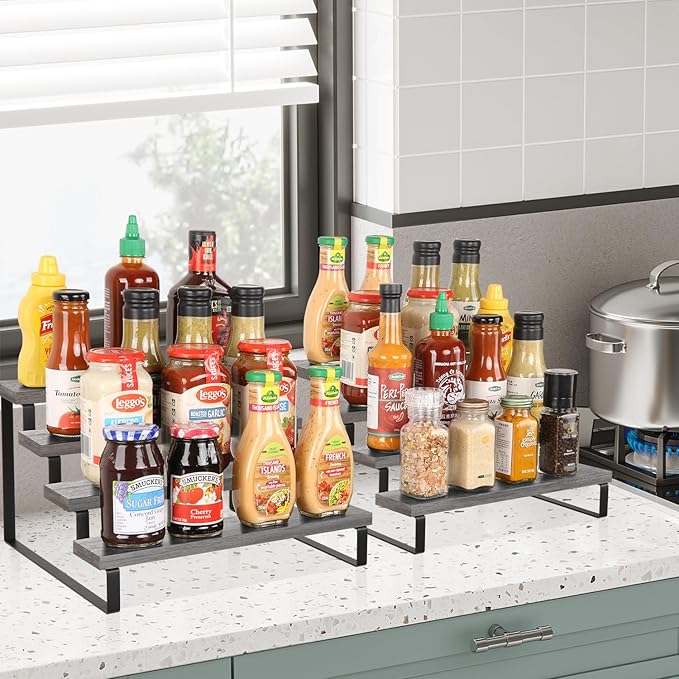 YINMIT Wooden Display Riser Stand, Tiered Perfume and Cologne Organizer Stand, 4 Tier Spice Rack Organizer, Rustic Display Shelf for Candles (4 Tier,2Pack,Grey)-Ruum Studio Home