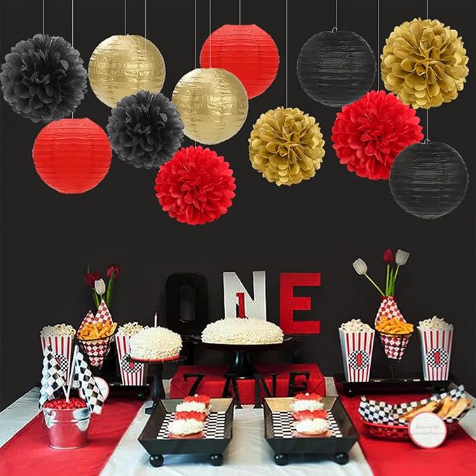 Red-Black Gold Party-Decorations Paper Flowers Lanterns - 15PCS Casino Theme Halloween Tissue Pom Poms Streamers,Game Night Women Men Birthday Wedding Bachelorette Hanging Supplies Decor Hugfond-Ruum Studio Home