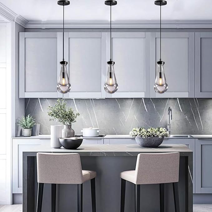 Modern Raindrop Pendant Lights Set of 3, Pendant Lights Kitchen Island 3 Pack, Matte Black Pendant Lights for Bedroom Bathroom, Chandelier for Living Room Hallway, Bulb Included-Ruum Studio Home