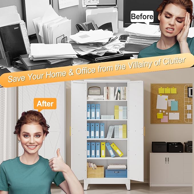 71" H Metal Kitchen Pantry Storage Cabinet, Freestanding Cupboard with 2 Doors and 4 Adjustable Shelves, Standing Storage for Kitchen, Bathroom, Garage, Dinning Room or Utility Room（White）-Ruum Studio Home