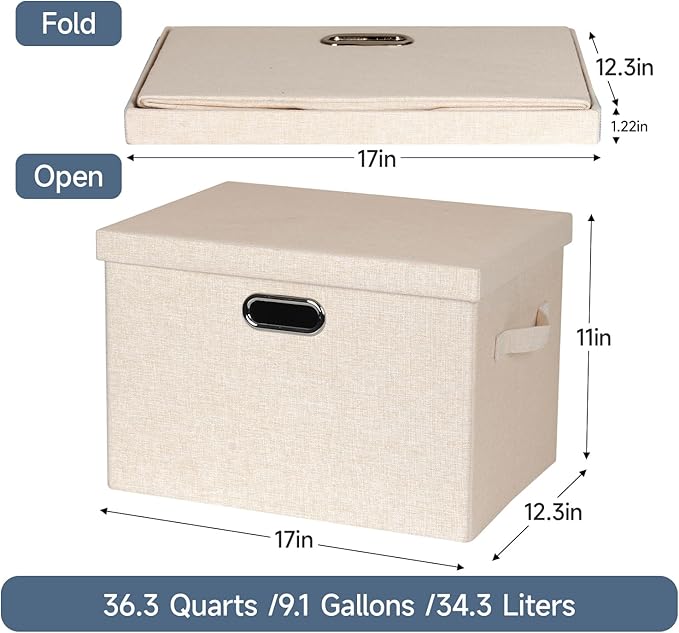 Large 17" 36 Quart Collapsible Stackable Storage Bins with Lids, 3 Packs Light Orange Linen Fabric Closet Boxes with Lids, Storage Cube Baskets Container Organizers for Office (17x12x11)-Ruum Studio Home