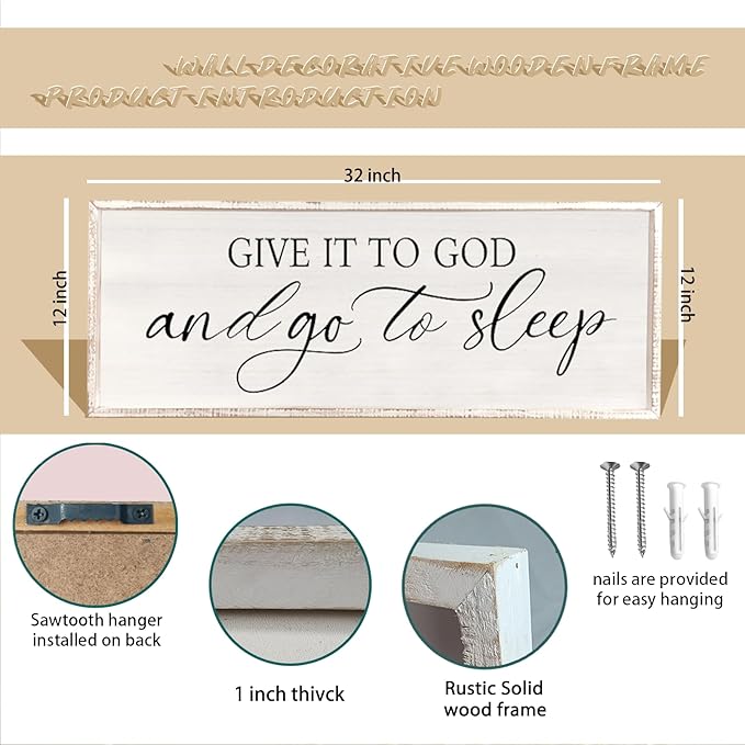 comurdyo Give It To God And Go to Sleep Sign 32''×12'' Master Bedroom Above Bed Wall Decor Wood Framed Couple Large Farmhouse Guest Room Rustic Simple Over Bedside Wall Art Hanging Decor (White)-Ruum Studio Home
