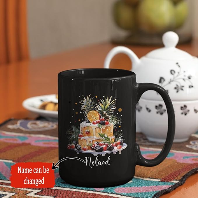 Personalized Christmas Decorative Mug - Fruit Cake Design Coffee Cup for Cake Lovers - Customized Black 11oz/15oz Cup for Daughter-Ruum Studio Home