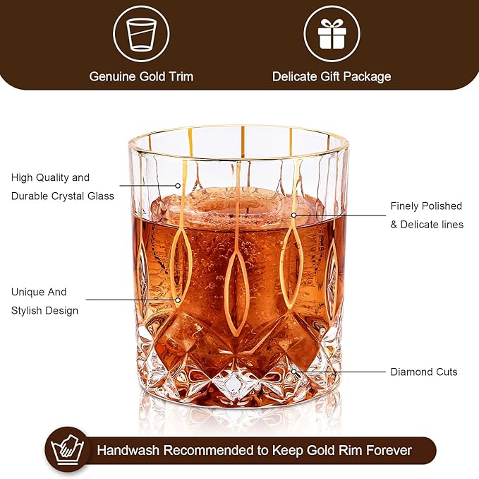 Gold Rim Whiskey Glasses Set of 2,Crystal Old Fashioned Glasses-Luxury Gold Collection,Perfect for Scotch Bourbon Rocks Cognac Vodka Gin Tequila Rum Liquor,Whiskey Gifts for Men-Ruum Studio Home