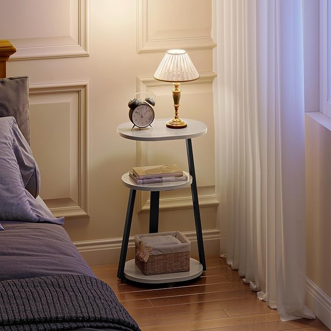 Side Table, Small End Table with Metal Frame, 3-Tier Bedside Tables, Round Side Tables for Living Room Bedroom Couch Bathroom, Oval, White Maple-Ruum Studio Home