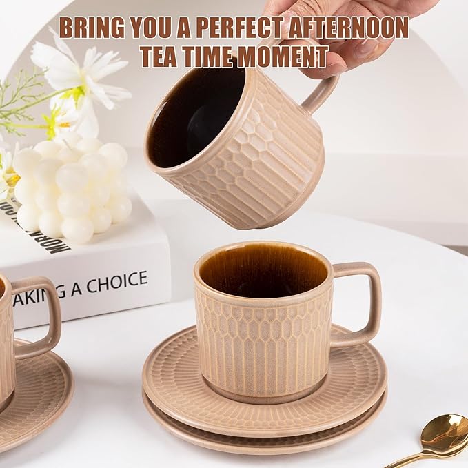 Large Cappuccino Cups with Saucers Set of 4, 8 Ounce Stackable Embossed Ceramic Coffee Mugs for Specialty Coffee Drinks, Latte, Cafe Mocha and Tea, Dishwasher & Microwave Safe (Brown)-Ruum Studio Home