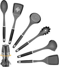 6-Piece Silicone Kitchen Utensil Set with Rotating Stand, Non-Stick, Heat-Resistant (400°F), Nylon Handle, Cooking Spatula Set for Baking & Cooking, Light Gray-Ruum Studio Home