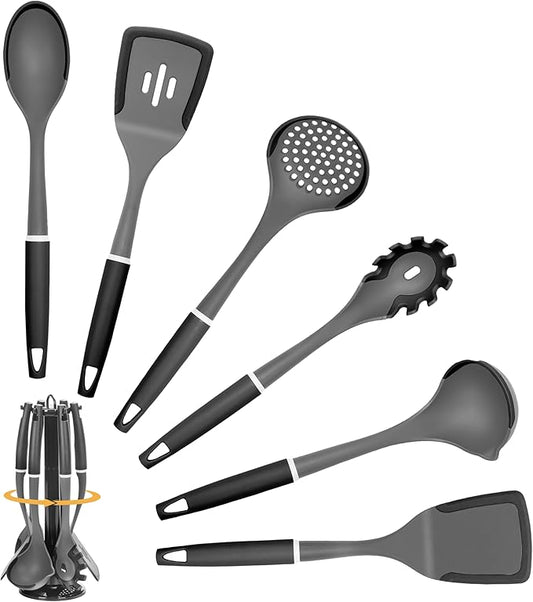 6-Piece Silicone Kitchen Utensil Set with Rotating Stand, Non-Stick, Heat-Resistant (400°F), Nylon Handle, Cooking Spatula Set for Baking & Cooking, Light Gray-Ruum Studio Home