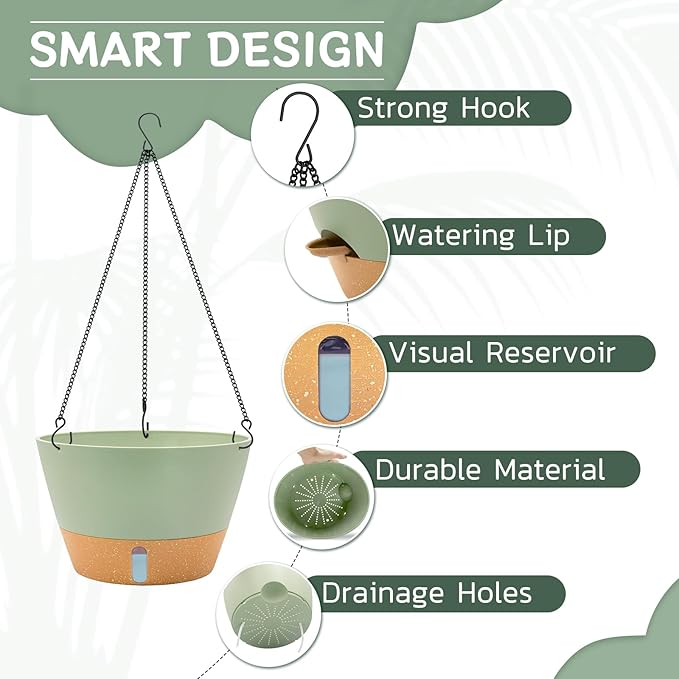 ZMTECH 12 Inch Hanging Planters for Indoor Plants, 2 Pack Self Watering Hanging Planter with Visual Reservoir, Hanging Pots for Plants Outdoor with Drainage Hole and Plant Hanger(Green)-Ruum Studio Home