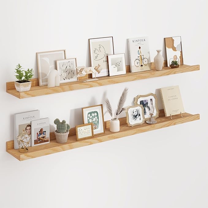 Floating Picture Ledge Shelves 48 Inch Solid Oak Wood Set of 2, Rustic Wall Storage Shelves with Lip, Kids Bookshelf, Photo & Picture Ledge Shelves for Bedroom, Living Room, Kitchen-Ruum Studio Home