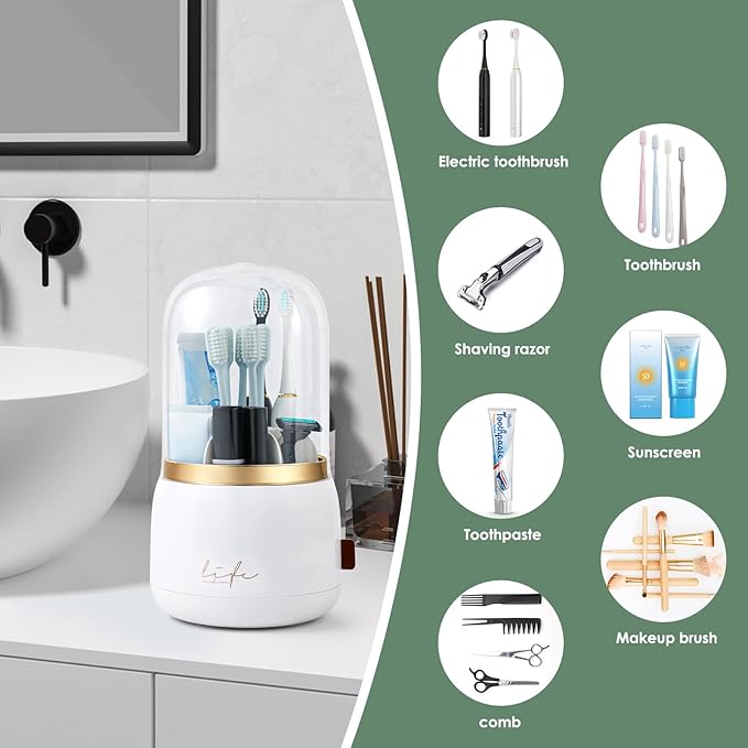 Toothbrush Holders for Bathrooms,Rotating 7-Slot with Cover and Draining Water,Kids Electric Toothbrush Holder and Toothpaste Stand Storage for Bathroom Accessories Counter Organizer Vanity-Ruum Studio Home