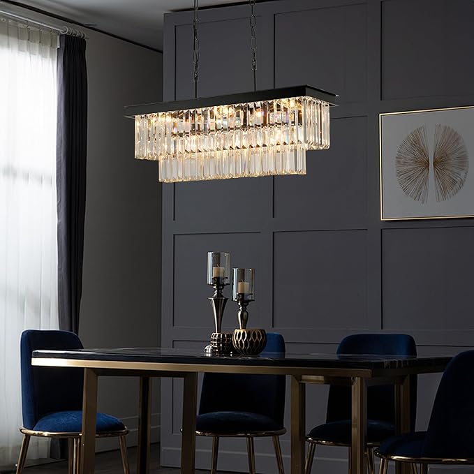 Black Crystal Chandeliers for Dining Room Light Fixtures Over Table，9-Lights Modern Rectangle Chandeliers for Kitchen Island Bar L28 Inch-Ruum Studio Home