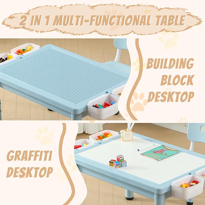 Multi Functional Kids Table and 2 Chairs Set, Graffiti & Building Blocks Double-Sided Tabletop, Toddler Play Table with Drawers, Large Storage Space, Gift for Boys/Girls, Blue-Ruum Studio Home